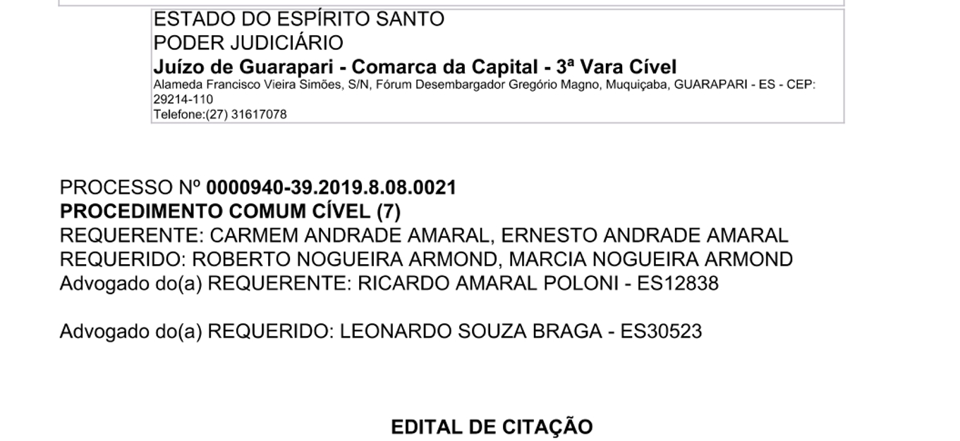 Edital de citação Ernesto Andrade Amaral X Marcia Nogueira Armond, autos 0000940-39.2019.8.08.0021