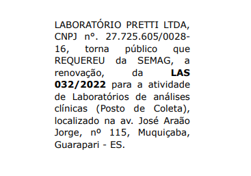 LABORATÓRIO PRETTI LTDA,CNPJ n°. 27.725.605/0028-16, torna público que REQUEREU da SEMAG