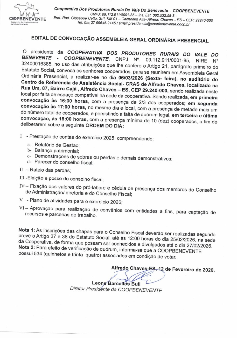 COOPBENEVENTE EDITAL DE CONVOCAÇÃO ASSEMBLEIA GERAL ORDINÁRIA PRESENCIAL