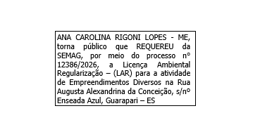 ANA CAROLINA RIGONI LOPES – ME, torna público que REQUEREU da SEMAG, por meio do processo n° 12386/2026
