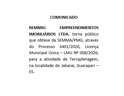 REMMIG EMPREENDIMENTOS IMOBILIÁRIOS LTDA, torna público que obteve da SEMMA/PMG, através do Processo 3401/2026
